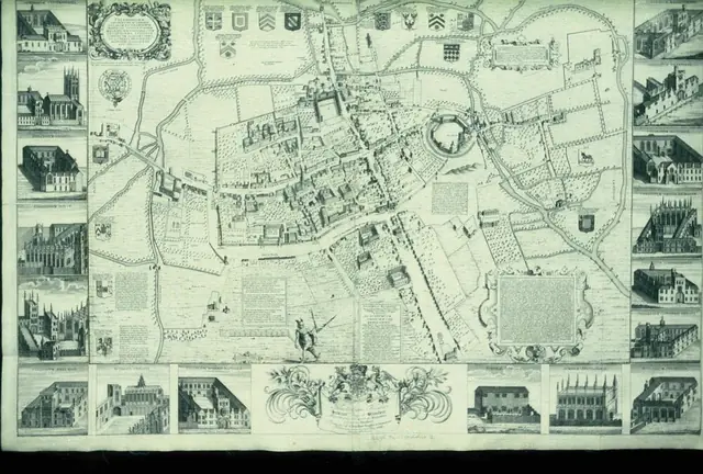 Oxford no mapa de Ralph Agas, 1578. Fac-símile de 1728 · Bodleian Libraries · Domínio público, via Wikimedia Commons.