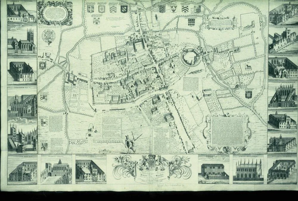 Oxford no mapa de Ralph Agas, 1578. Fac-símile de 1728 · Bodleian Libraries · Domínio público, via Wikimedia Commons.