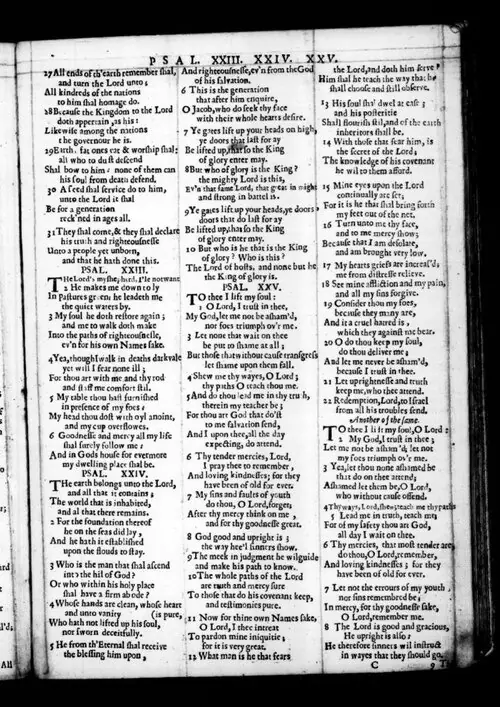 The Psalms of David in Meeter, Edimburgo, Evan Tyler, 1650: a página do Salmo 25 (folha IA n8; PDF do Commons, p. 9; exemplar da Bodleian, via EEBO e Internet Archive) · Domínio público.