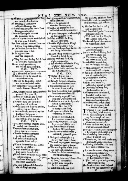 The Psalms of David in Meeter, Edimburgo, Evan Tyler, 1650: a página do Salmo 25 (folha IA n8; PDF do Commons, p. 9; exemplar da Bodleian, via EEBO e Internet Archive) · Domínio público.