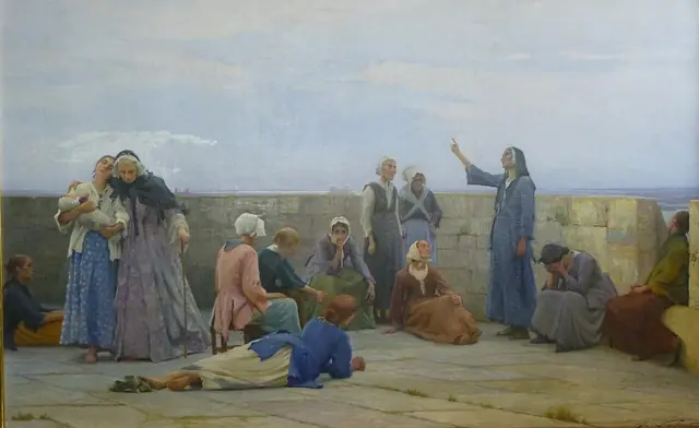 Max Leenhardt, Prisioneiras huguenotes na Torre de Constance, 1892 (pintura do séc. XIX) · Musée Fabre, Montpellier · Domínio público (`File:Prisonnières huguenotes à la Tour de Constance.jpg`).