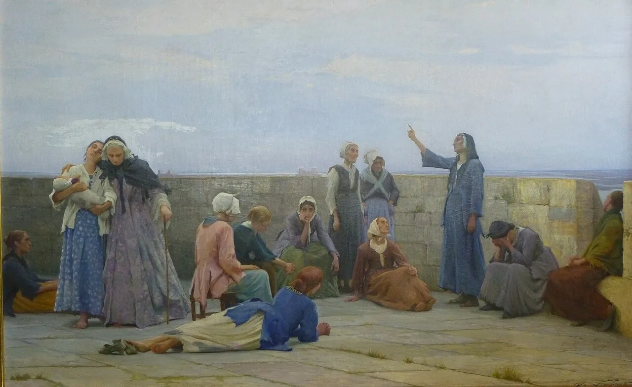 Max Leenhardt, Prisioneiras huguenotes na Torre de Constance, 1892 (pintura do séc. XIX) · Musée Fabre, Montpellier · Domínio público (`File:Prisonnières huguenotes à la Tour de Constance.jpg`).