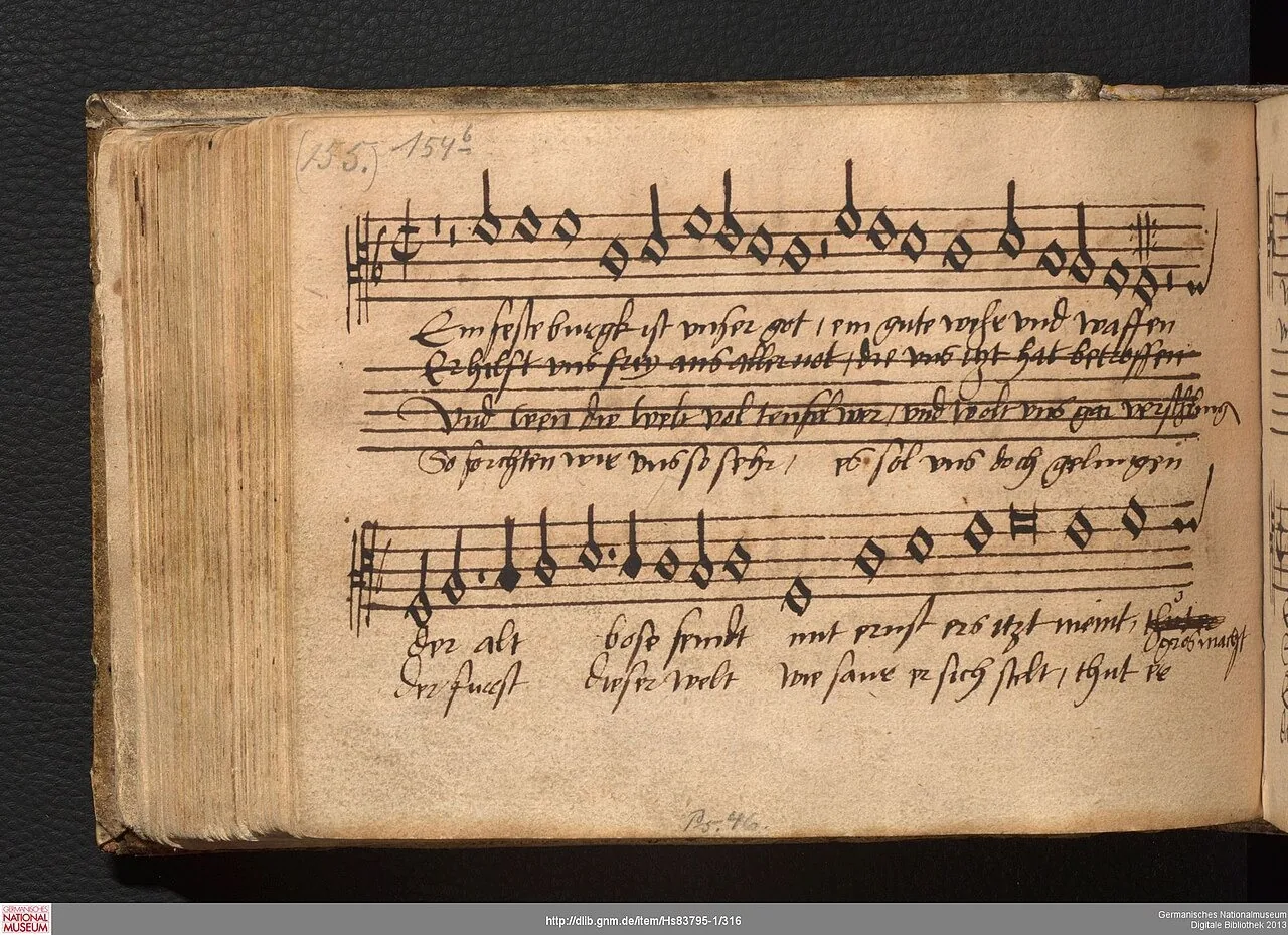 Ein feste Burg na cópia manuscrita de Johann Walter, c. 1530. Germanisches Nationalmuseum, Nuremberg. CC0.
