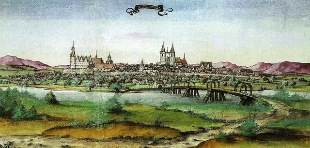 Wittenberg vista do Elba, 1536. Álbum de viagem de Ottheinrich, UB Würzburg. Domínio público.