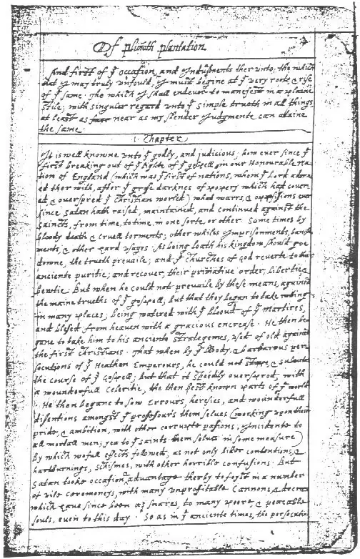 William Bradford, Of Plimoth Plantation, manuscrito, folha de rosto · State Library of Massachusetts · Domínio público.