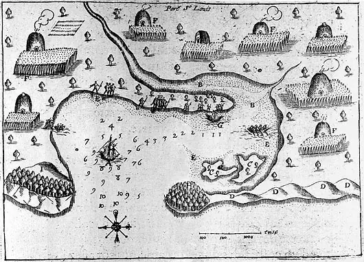 Samuel de Champlain, o porto de Patuxet (Port St. Louis), 1605 · Domínio público. Usada a versão limpa (`File:Champlain's Map of Plymouth Harbor.jpg`, 530 × 382), sem as anotações modernas de `File:Port St Louis Annotated.png`.