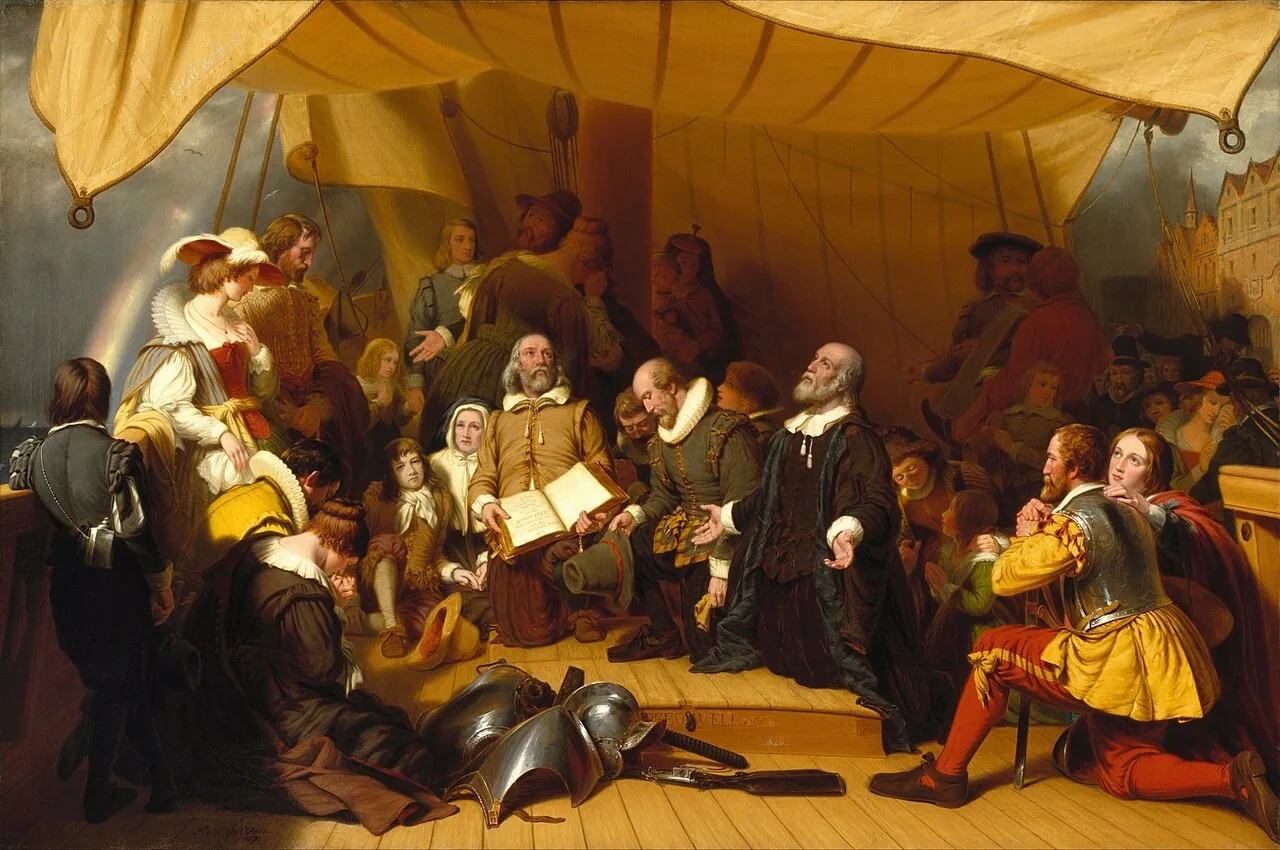 Robert W. Weir, Embarque dos peregrinos, 1857 (imaginação do séc. XIX) · Brooklyn Museum · Domínio público.