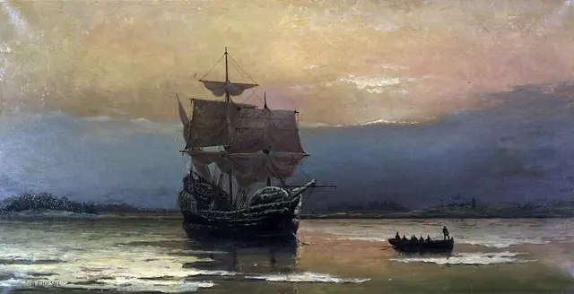 William Halsall, O Mayflower no porto de Plymouth, 1882 (imaginação do séc. XIX) · Pilgrim Hall Museum · Domínio público.