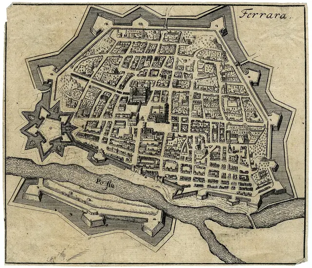 Ferrara em perspectiva. Água-forte, séc. XVII · British Museum · Domínio público.