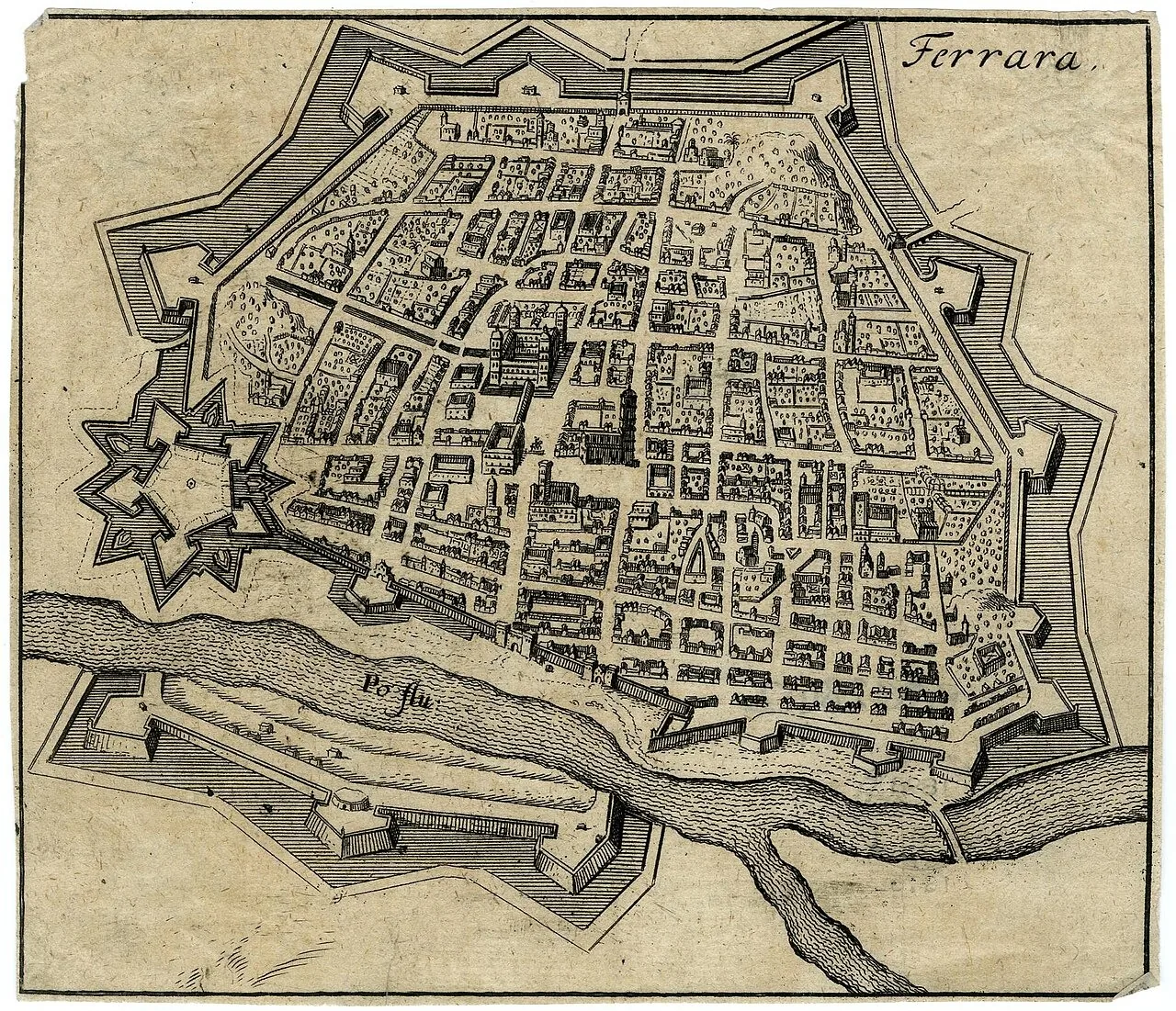 Ferrara em perspectiva. Água-forte, séc. XVII · British Museum · Domínio público.
