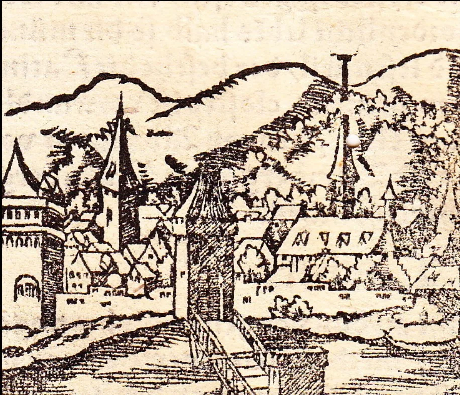 Schweinfurt antes da destruição de 1554. Sebastian Münster, Cosmographia, 1550 · Domínio público.