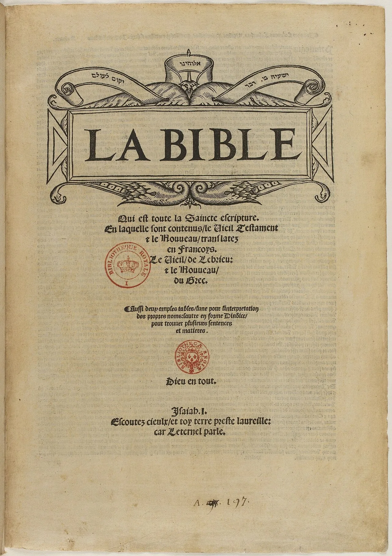 Página de rosto da Bíblia de Olivétan, Neuchâtel, 1535. BnF/Gallica. Domínio público.