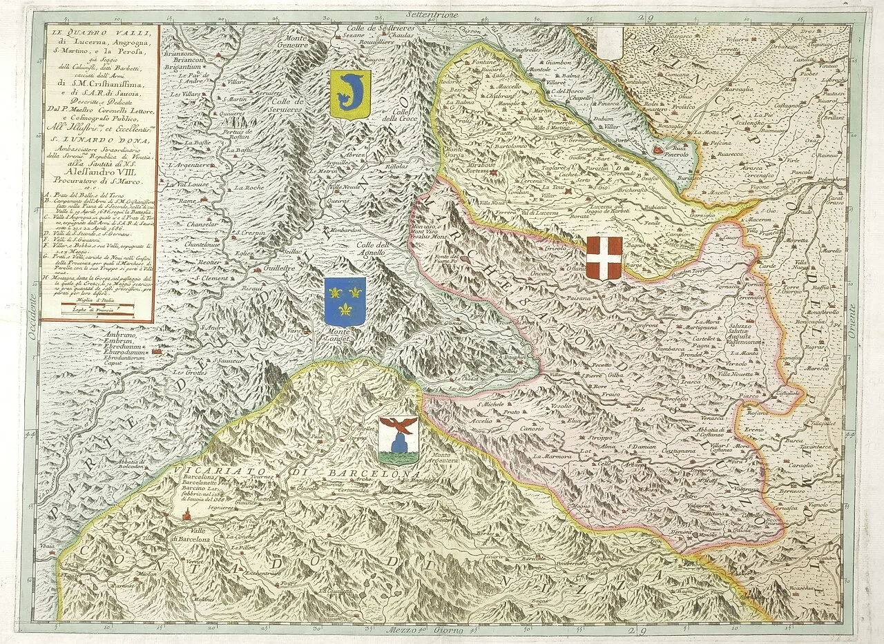 Os vales de Luserna, Angrogna, San Martino e Perosa. V. M. Coronelli, 1694. Domínio público.