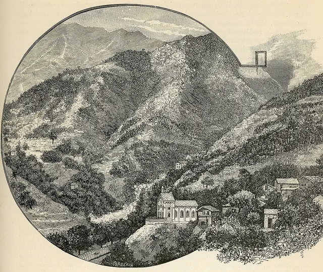 Pra del Torno, no vale de Angrogna. Xilogravura de G. Barberis, 1890. Domínio público.