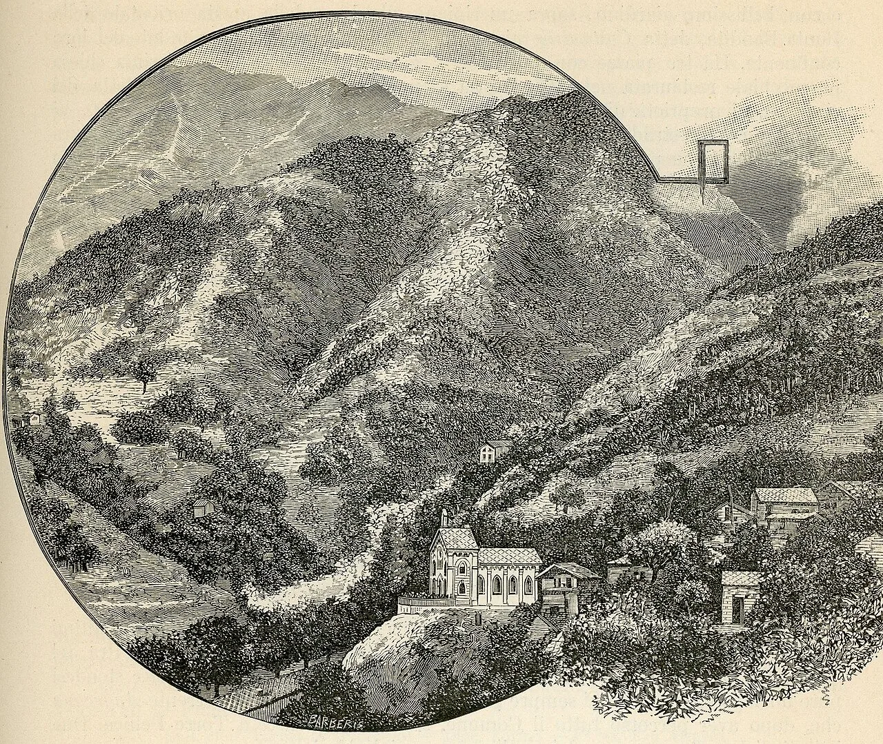 Pra del Torno, no vale de Angrogna. Xilogravura de G. Barberis, 1890. Domínio público.