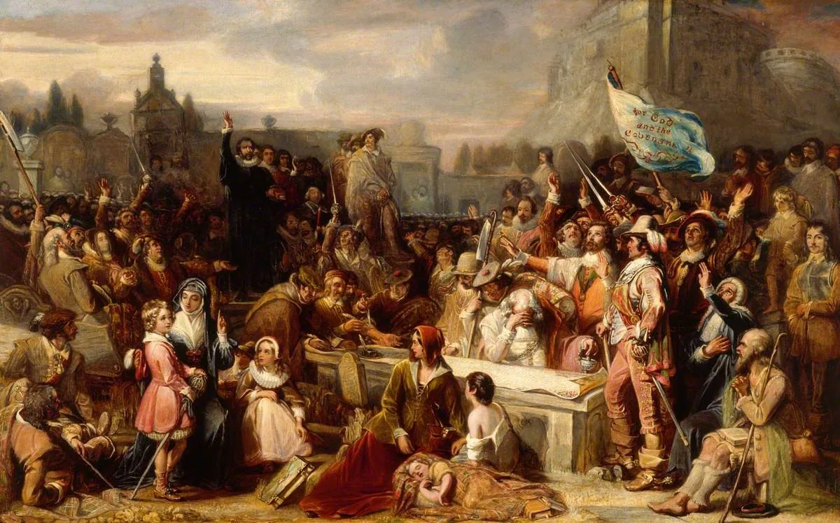 William Allan, A assinatura do Pacto Nacional em Greyfriars, 1838 (cena imaginada) · Domínio público (City of Edinburgh Council).
