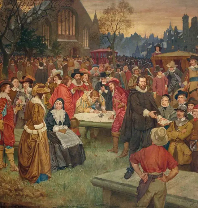 William Hole, A assinatura do Pacto Nacional, 1903 (cena imaginada) · Domínio público (City Art Centre, Edimburgo; autor † 1917).