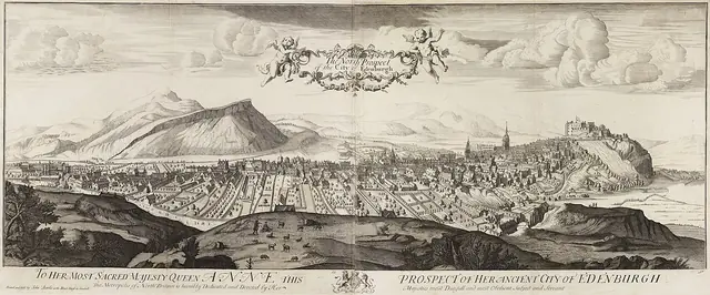 John Slezer, The North Prospect of the City of Edenburgh, c. 1690 · National Library of Scotland, sem restrições ("No restrictions", via Flickr).