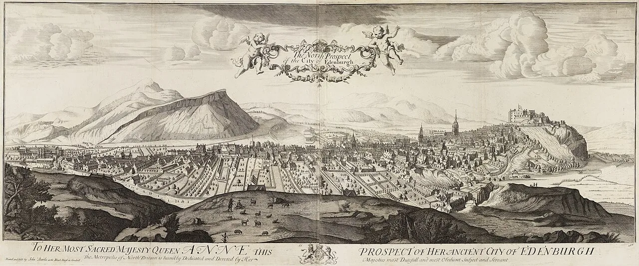 John Slezer, The North Prospect of the City of Edenburgh, c. 1690 · National Library of Scotland, sem restrições ("No restrictions", via Flickr).