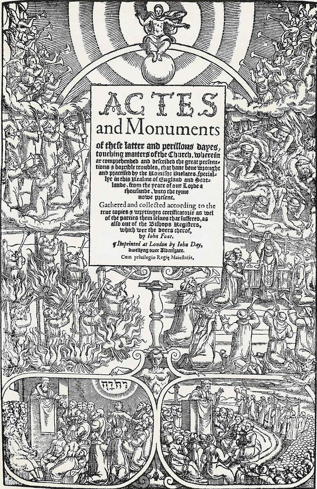 Folha de rosto de Actes and Monuments, John Foxe, 1563. Domínio público.