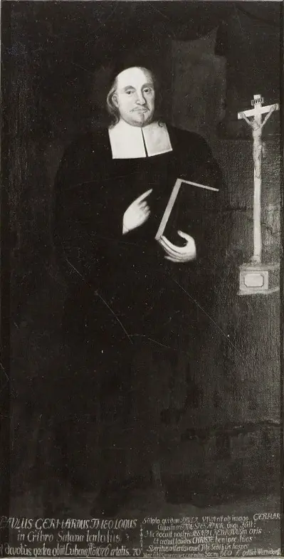 Autor desconhecido, Paul Gerhardt, retrato a óleo na igreja de Lübben · Domínio público. O Commons diz "c. 1675"; a inscrição ("PAULUS GERHARDUS THEOLOGUS in Cribro Satanae tentatus", "provado na peneira de Satanás", Lc 22:31) e o poema de Gottlieb Wernsdorf (1668–1729) são homenagem posterior: sem data no crédito.