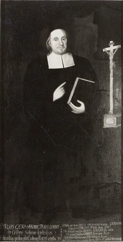 Autor desconhecido, Paul Gerhardt, retrato a óleo na igreja de Lübben · Domínio público. O Commons diz "c. 1675"; a inscrição ("PAULUS GERHARDUS THEOLOGUS in Cribro Satanae tentatus", "provado na peneira de Satanás", Lc 22:31) e o poema de Gottlieb Wernsdorf (1668–1729) são homenagem posterior: sem data no crédito.