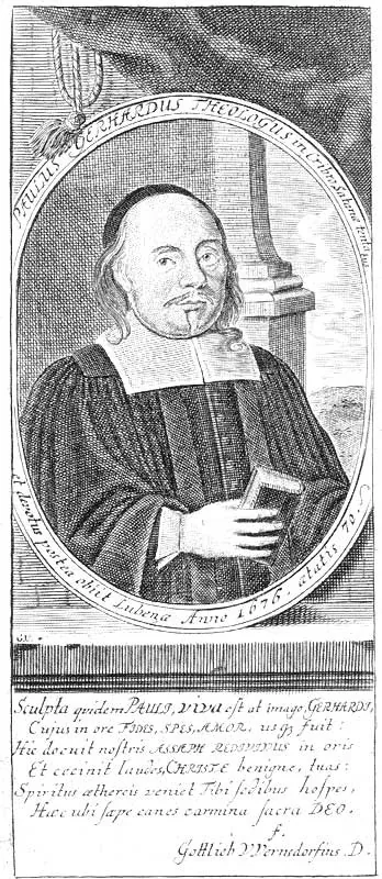 Gravura assinada G. U., Paul Gerhardt · Domínio público (o Commons diz "séc. XVII"; a Hymnology Archive a atribui a Gabriel Uhlich, para a edição de Feustking, 1707/1717).