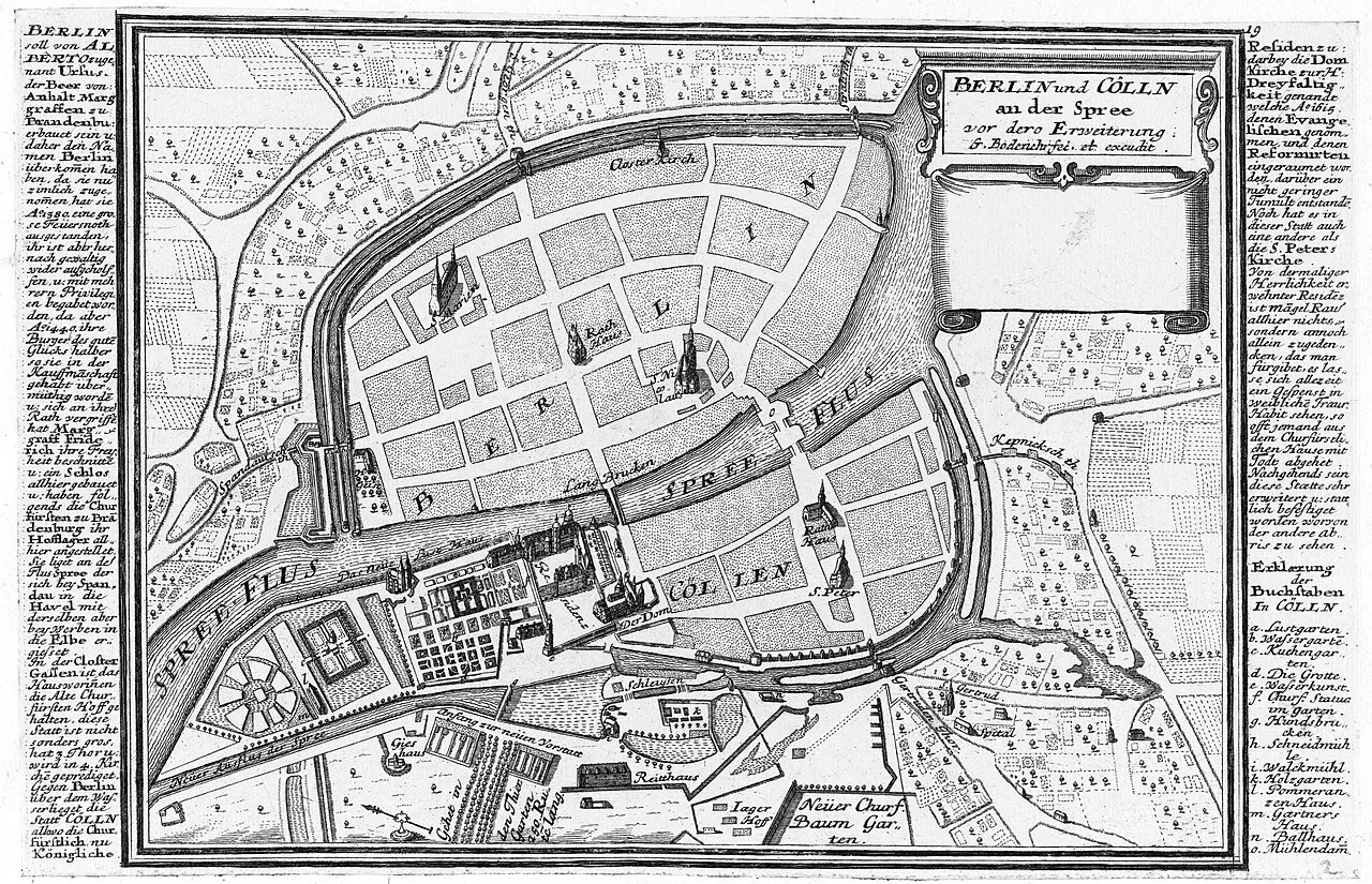 Johann Gregor Memhardt, Berlim e Cölln, 1652 (cópia de G. Bodenehr, 1720) · Domínio público.