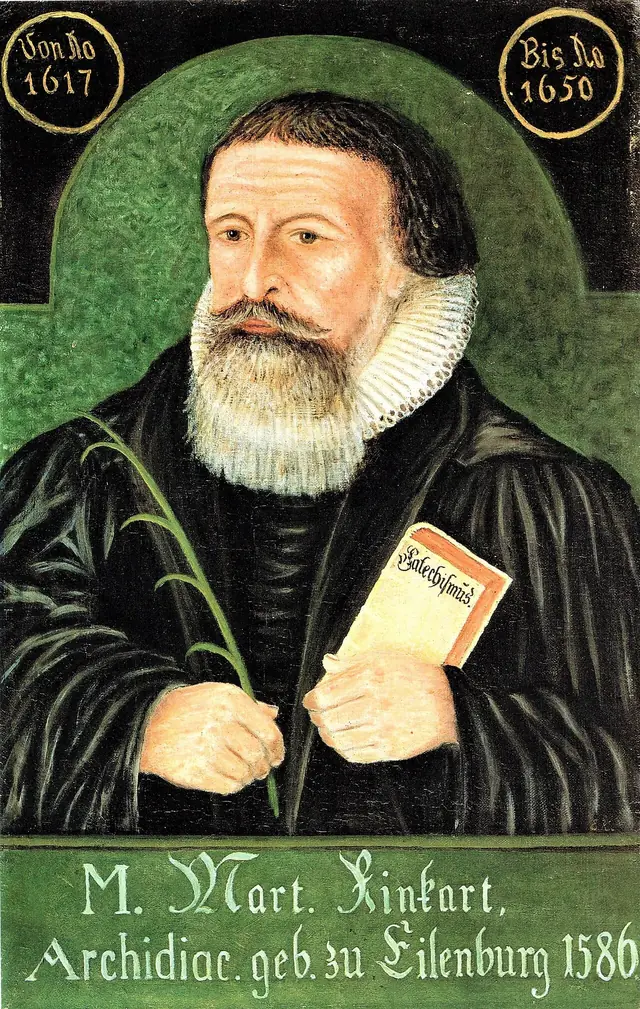 Autor desconhecido, Martin Rinckart, retrato (gravura) · Domínio público (segundo o Commons). O campo "data" do Commons diz 1586, que é o ano do nascimento, não o da gravura: sem data no crédito.