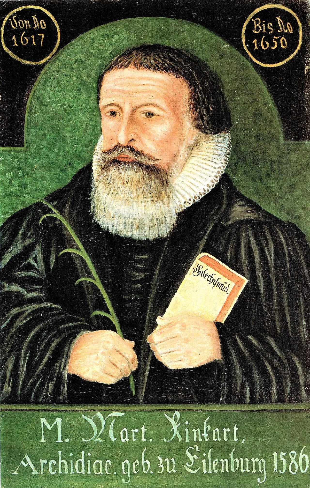 Autor desconhecido, Martin Rinckart, retrato (gravura) · Domínio público (segundo o Commons). O campo "data" do Commons diz 1586, que é o ano do nascimento, não o da gravura: sem data no crédito.