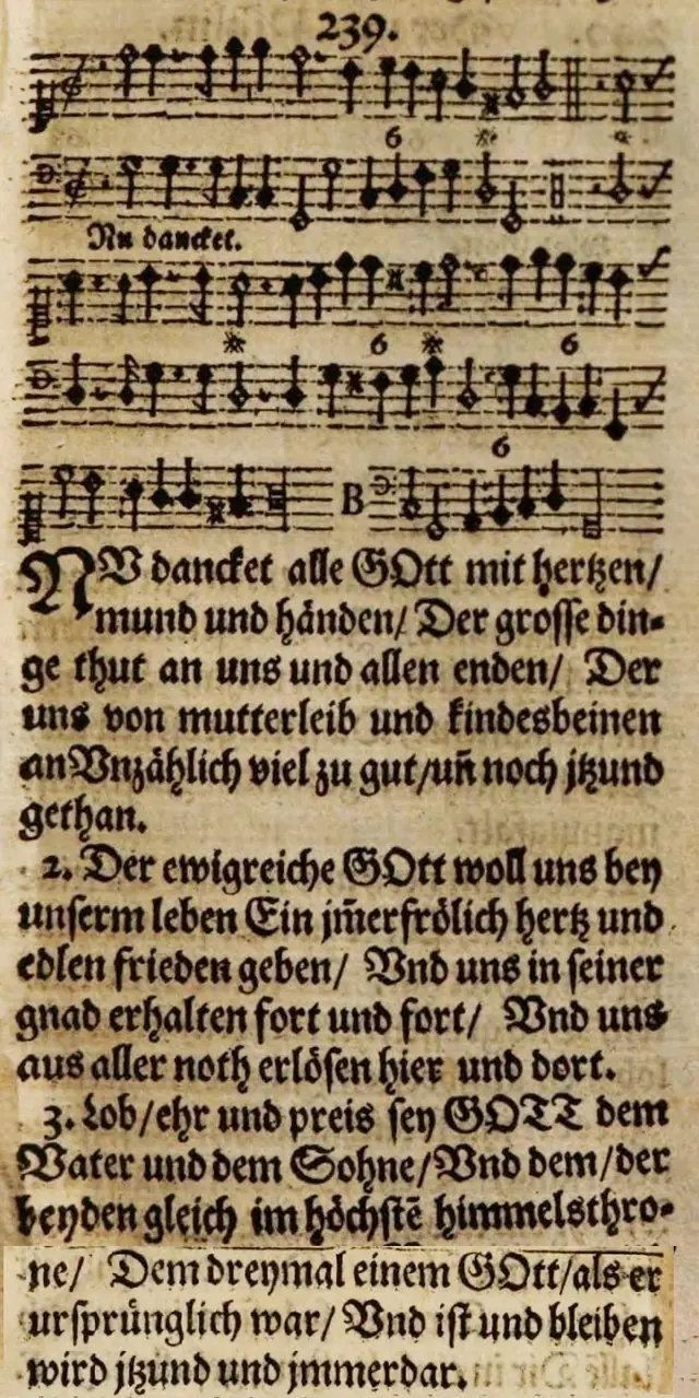 Johann Crüger, Praxis pietatis melica, Berlim, 1653: Nun danket alle Gott (nº 239) · Domínio público.