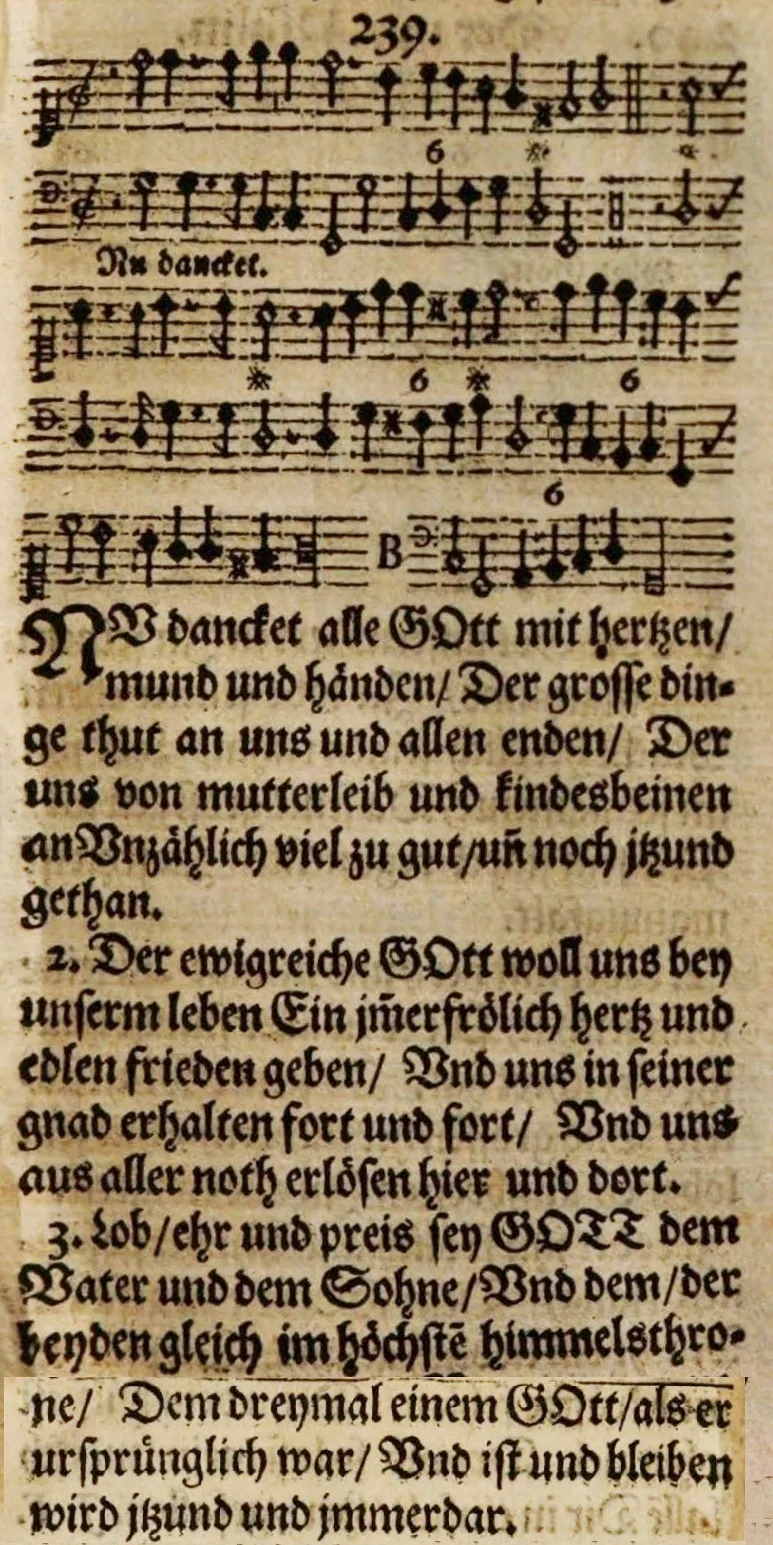 Johann Crüger, Praxis pietatis melica, Berlim, 1653: Nun danket alle Gott (nº 239) · Domínio público.