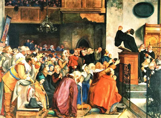 Adolf Schlabitz, O culto de súplica de Martin Rinckart (1639), 1907, para a aula do Realgymnasium de Eilenburg (cena imaginada) · Domínio público.