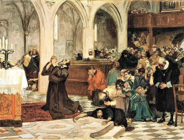 Josse Goossens, O culto de súplica de Rinckart, esboço de concurso, 1906 (cena imaginada) · Domínio público (segundo o Commons).