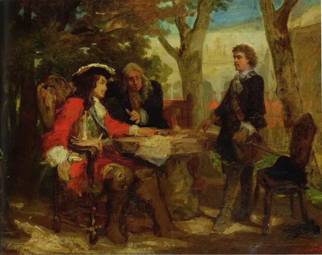 Jules Salles, Encontro de Cavalier e Villars, c. 1865 (cena imaginada) · Musée des Beaux-Arts de Nîmes · Domínio público.