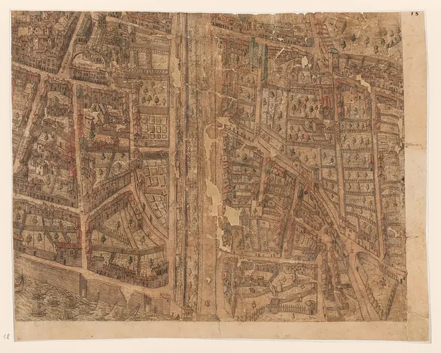 Lyon, c. 1550: o fosso dos Terreaux. Plan scénographique de Lyon, prancha 18 · Archives municipales de Lyon · Domínio público.