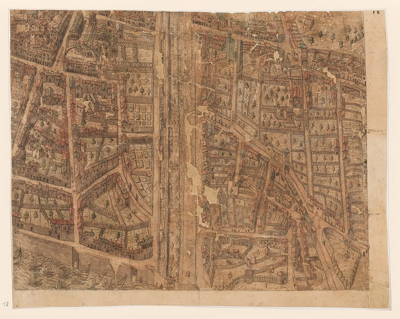 Lyon, c. 1550: o fosso dos Terreaux. Plan scénographique de Lyon, prancha 18 · Archives municipales de Lyon · Domínio público.