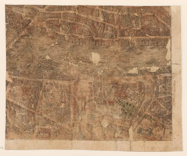 Lyon, c. 1550: o Saône e Saint-Paul. Plan scénographique de Lyon, prancha 13 · Archives municipales de Lyon · Domínio público.
