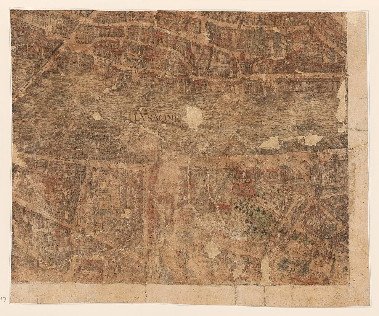Lyon, c. 1550: o Saône e Saint-Paul. Plan scénographique de Lyon, prancha 13 · Archives municipales de Lyon · Domínio público.