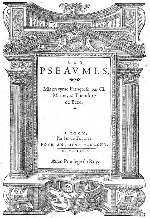 Les Pseaumes: a folha de rosto. Lyon, Jean de Tournes, 1563 · Domínio público.