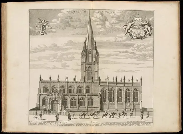A igreja de Santa Maria, Oxford. David Loggan, Oxonia Illustrata, 1675 · Domínio público.