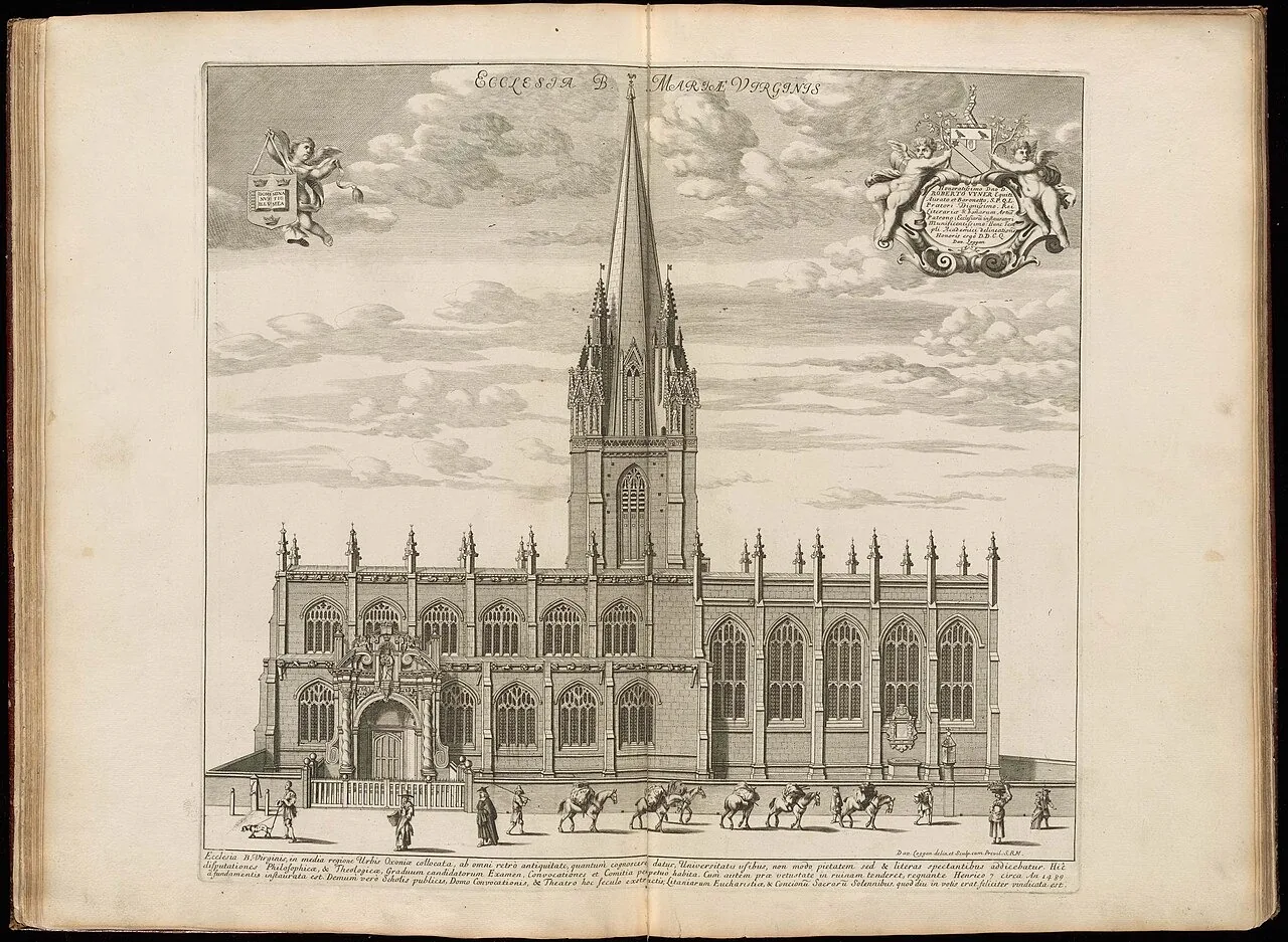 A igreja de Santa Maria, Oxford. David Loggan, Oxonia Illustrata, 1675 · Domínio público.