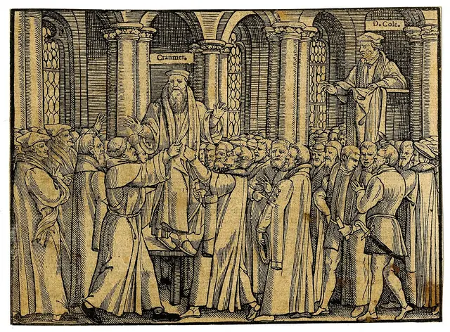 Cranmer é tirado do estrado. Xilogravura, John Foxe, Actes and Monuments, séc. XVI · British Museum · Domínio público.