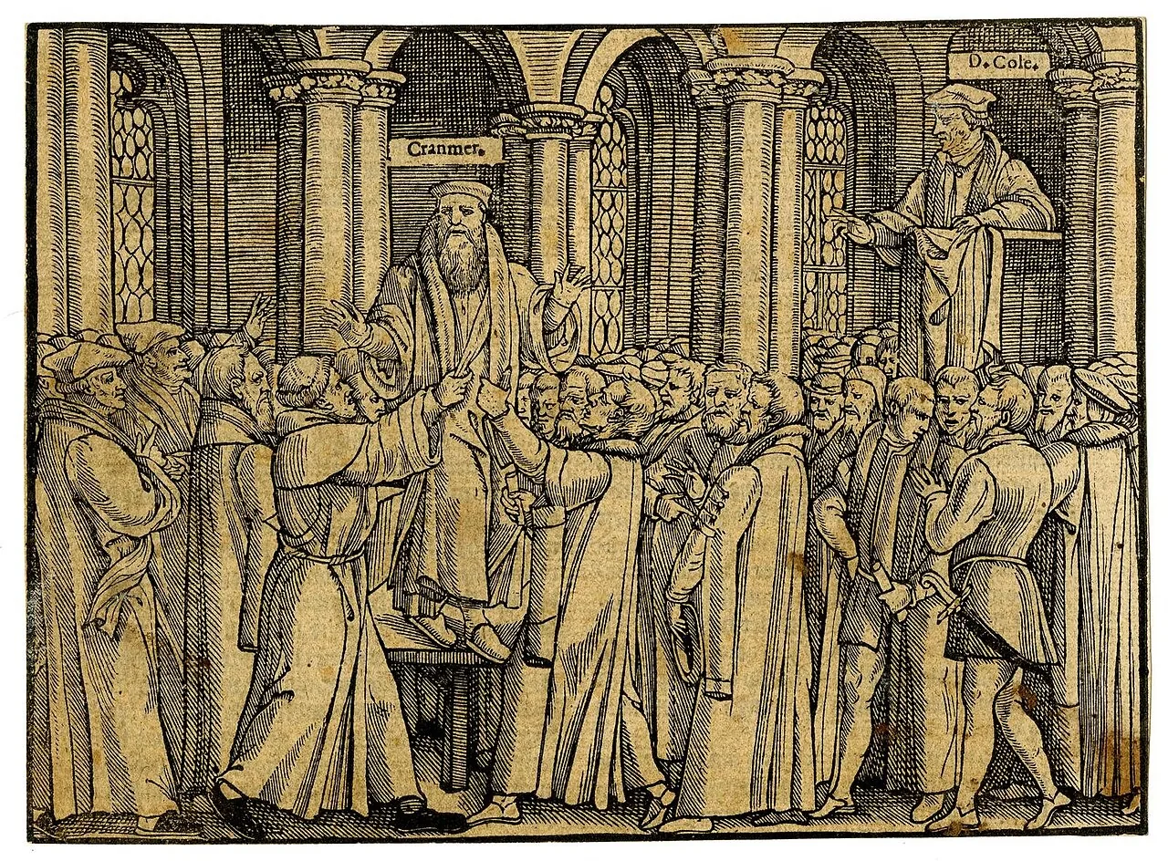 Cranmer é tirado do estrado. Xilogravura, John Foxe, Actes and Monuments, séc. XVI · British Museum · Domínio público.