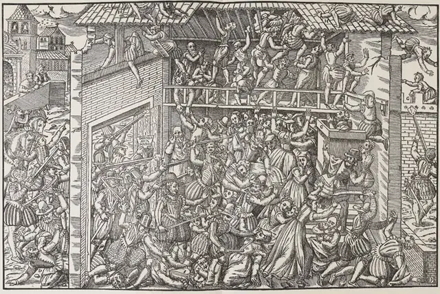 Le massacre fait à Vassy le premier jour de mars 1562, gravura publicada em Genebra, c. 1570. Domínio público.