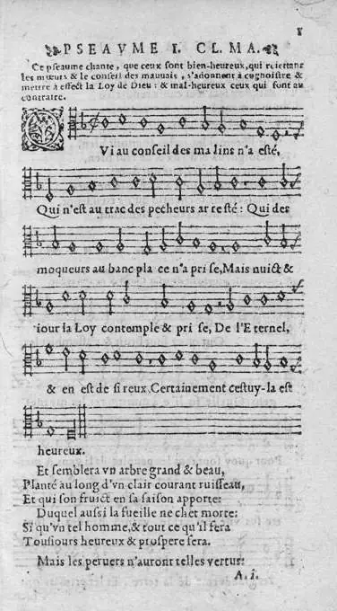 Salmo 1, Psaumes de David, Genebra: Jean de Laon, 1562. Domínio público.