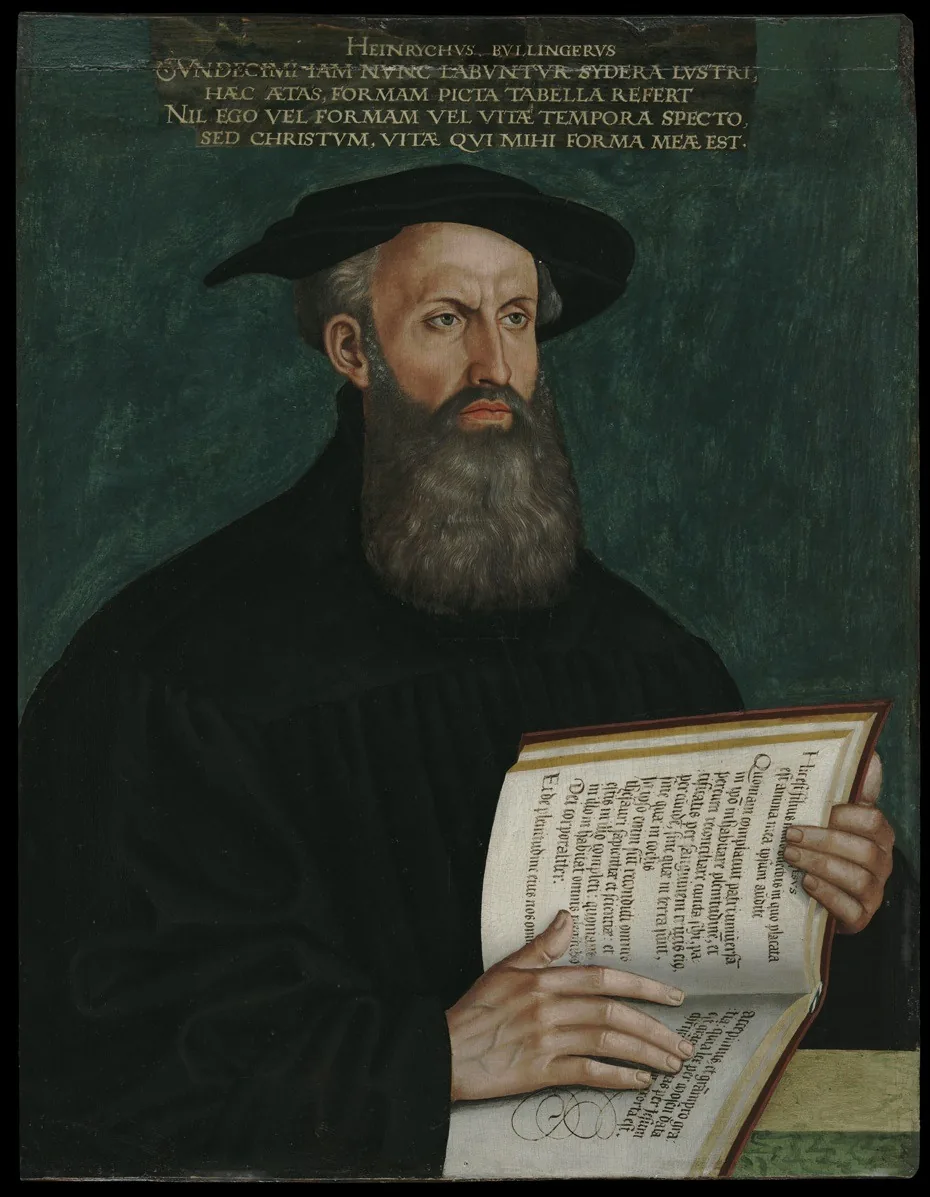 Heinrich Bullinger aos 50 e poucos anos (inscrição no quadro), retrato atribuído a Hans Asper, c. 1555. Domínio público.