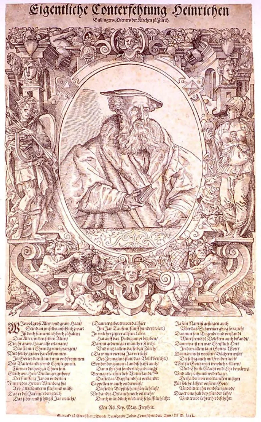 Heinrich Bullinger, gravura, 1577, Bibliothèque nationale et universitaire de Strasbourg (NIM15646), via Gallica. Domínio público.