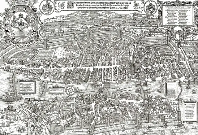 Zurique em 1576, planta-vista de Jos Murer, impressa por Christoph Froschauer, o Jovem. Domínio público.