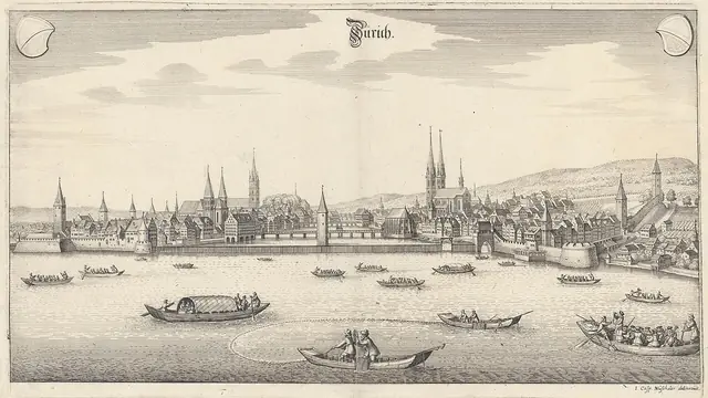 Zurique vista do lago, com o Grossmünster, gravura de Matthäus Merian, 1642, Zentralbibliothek Zürich. Domínio público.